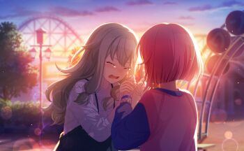2girls atashi-tachi_no_happy_end_(project_sekai) backlighting blurry bokeh closed_eyes colorful_palette depth_of_field game_cg green_hair highres kusanagi_nene long_hair looking_at_another low-tied_sidelocks medium_hair multiple_girls official_art ootori_emu pink_hair project_sekai roller_coaster shirt sidelocks tears teeth third-party_source tongue tree upper_teeth_only white_shirt