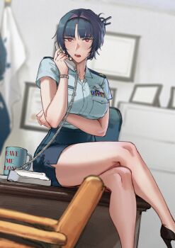 1girl absurdres arm_under_breasts blue_hair breast_rest breasts chair coffee_mug commentary corded_phone crossed_legs cup dangodes english_commentary high_heels highres large_breasts looking_at_viewer military_uniform mug office original pencil_skirt phone red_eyes side_slit skirt solo talking_on_phone watch wristwatch