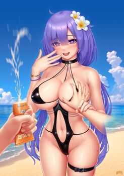 1girl :d absurdres artist_name azur_lane bare_arms bare_shoulders beach bead_bracelet beads belt black_choker black_one-piece_swimsuit blue_sky blunt_bangs blush bracelet breasts choker cleavage clothing_cutout cloud collarbone commentary cowboy_shot cumulonimbus_cloud day disembodied_hand eyes_visible_through_hair flower grabbing_another&#039;s_breast groping guided_breast_grab guiding_hand hair_flower hair_ornament hair_over_one_eye hand_to_own_mouth hand_up heart heart-shaped_pupils highres jewelry large_breasts long_hair looking_at_viewer lotion low_twintails mogador_(azur_lane) mogador_(locker_room_lechery)_(azur_lane) mole mole_on_breast navel navel_cutout official_alternate_costume one-piece_swimsuit open_mouth outdoors pov pov_hands purple_eyes purple_hair skindentation sky smile solo_focus sunscreen swimsuit symbol-shaped_pupils thigh_belt thigh_strap twintails very_long_hair water wlper