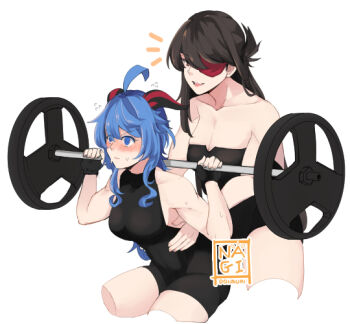 ahoge barbell beidou_(genshin_impact) blue_hair blush brown_hair exercising eyepatch fingerless_gloves ganyu_(genshin_impact) genshin_impact gloves goat_horns hair_ornament hinagi_(fox_priest) horns leotard long_hair muscular muscular_female purple_eyes red_eyes short_hair sweat weightlifting weights