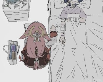 1boy 1girl animal_ears bag bandage_on_face bandage_on_neck bandage_roll bandaged_arm bandaged_wrist bandages blanket blunt_ends closed_mouth cracked_skin detached_sleeves doll_joints drawer fox_ears from_above gauze gauze_on_cheek gauze_on_neck genshin_impact gold grey_hair hair_ornament highres hospital_gown injury joints layered_sleeves long_hair low-tied_long_hair nontraditional_miko on_bed pink_hair red_sleeves ribbon-trimmed_sleeves ribbon_trim scaramouche_(genshin_impact) scissors shopping_bag sitting towel umigasa under_covers white_sleeves yae_miko