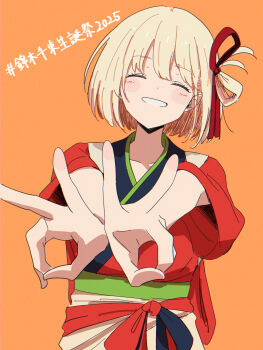 1girl ama_(ama_ekaku) blonde_hair closed_eyes commentary_request double_v hair_ribbon highres japanese_clothes kimono lycoris_recoil lying nishikigi_chisato one_eye_closed open_mouth orange_background red_kimono red_ribbon ribbon short_hair simple_background solo translation_request v