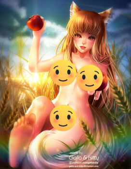 1girl animal_ears apples barefoot blush censored feet food fruit galiakiity holding holding_food holding_fruit holo kg_fantasy leg_up long_hair looking_at_viewer open_mouth red_eyes red_hair sitting smile soles spice_and_wolf sunset tail toes very_long_hair wolf_ears wolf_girl wolf_tail