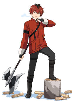 Rule 34 | 1boy, absurdres, axe, battle axe, black boots, black gloves, black hair, black pants, boots, commentary request, fingerless gloves, fur-trimmed jacket, fur trim, gloves, highres, holding, holding axe, jacket, knee boots, kuuchuu yousai, log, male focus, multicolored hair, pants, red eyes, red hair, red jacket, roots (hair), solo, sousou no frieren, stark (sousou no frieren), two-tone hair, uneven footing, weapon