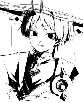 Rule 34 | 1boy, amhr 46, blunt ends, bodysuit, cape, choppy bangs, covered collarbone, empty eyes, gem, genshin impact, greyscale, hat, highres, japanese clothes, jingasa, kimono, looking at viewer, male focus, mandarin collar, monochrome, open mouth, parted bangs, parted lips, portrait, scaramouche (genshin impact), smile, solo, spot color, tsurime, vision (genshin impact), wanderer (genshin impact), white background