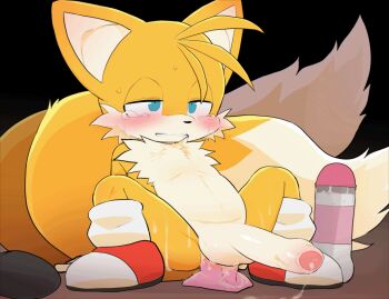 1boy anal anal_object_insertion animated animated_gif anus arm_support black_background blue_eyes blush bouncing_penis butt_plug clenched_teeth closed_eyes cum cum_on_body cum_on_lower_body cum_string dagasi dildo dildo_riding ejaculating_while_penetrated ejaculation erection foreskin fox furry furry_male gloves half-closed_eyes large_penis looking_down looking_up lube male_focus male_penetrated masturbation multiple_tails nude object_insertion open_mouth penis sex_toy shoes shota sneakers socks sonic_(series) spread_legs sweat tail tails_(sonic) tears teeth testicles two_tails uncensored yellow_fur