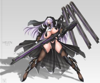 1girl akatsuki_akane black_gloves black_thighhighs breast_curtains breasts character_name cleavage clothing_cutout commentary_request covered_mouth fingerless_gloves full_body gloves gluteal_fold grey_background grey_hair gun hair_between_eyes highres holding holding_gun holding_weapon huge_weapon large_breasts long_hair looking_to_the_side mask mecha_musume mechanical_wings mouth_mask navel_cutout nun nun_headdress original panties parted_bangs pelvic_curtain puffy_short_sleeves puffy_sleeves purple_eyes revealing_clothes shadow short_sleeves sidelocks signature simple_background single_mechanical_wing skindentation solo standing thighhighs underwear weapon white_panties wings