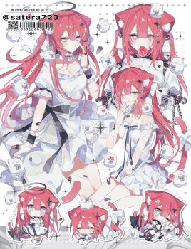 1girl absurdres animal_ear_fluff animal_ears bandaid black_bow blush bow breasts chibi cleavage closed_mouth double-parted_bangs dress finger_to_cheek frilled_dress frilled_wristband frills halo highres looking_at_viewer medium_breasts original pink_hair short_sleeves slit_pupils sparkle_background sparkle_hair_ornament strap_slip tail white_dress yakinikusakoku