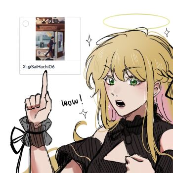 1girl :o above-cleavage_cutout artist_self-insert black_dress blonde_hair blush clenched_hand clothing_cutout colored_inner_hair commentary dress english_commentary english_text green_eyes halo hand_up long_sidelocks looking_at_viewer multicolored_hair omniscient_reader's_viewpoint pointing saihachi06 shoulder_cutout sidelocks solo sparkle upper_body uriel_(omniscient_reader's_viewpoint) wrist_cuffs