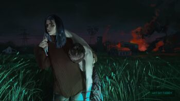 Rule 34 | 1boy, 1girl, black hair, blue hair, brown sweater, building, carrying, carrying person, corpse, fire, grass, highres, long hair, night, no i'm not a human, outdoors, serious, short hair, sweater, tabyretka16, tall grass, topless male, turtleneck, turtleneck sweater, widowed woman (no i'm not a human)