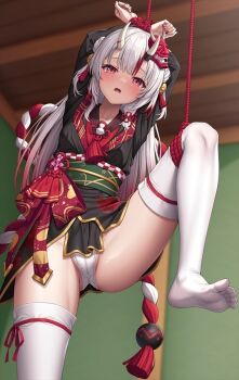 1girl arms_up bdsm bell bondage bound commentary_request double_bun hair_bell hair_bun hair_ornament hololive horns japanese_clothes kimono lambda_(kusowarota) long_hair looking_at_viewer mask mask_on_head multicolored_hair nakiri_ayame nakiri_ayame_(1st_costume) oni oni_mask panties red_eyes red_hair restrained rope skin-covered_horns solo standing standing_on_one_leg streaked_hair thighhighs thighs underwear virtual_youtuber white_hair white_panties white_thighhighs
