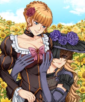 2girls absurdres beatrice_(umineko) black_dress black_hat blonde_hair blue_eyes blue_sky bow breast_lift breasts closed_mouth cloud commentary crossover dress eiyuu_densetsu elbow_gloves english_commentary field flower flower_field gem gloves hat hat_flower highres kuro_no_kiseki_(series) kuro_no_kiseki_i large_breasts lucrezia_isselee mole mole_under_mouth multiple_girls purple_flower purple_gloves purple_rose red_bow red_flower red_gemstone red_rose rose sky smile sunflower umineko_no_naku_koro_ni veil watermark watermark_grid wavy_hair yuri yuzukiyo