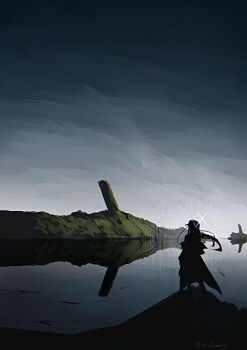 1girl absurdres artist_name blue_archive cloud cloudy_sky coat coat_partially_removed commentary corruption english_commentary glitch grey_sky halo highres kani_etizen03 long_hair outdoors reflection reflective_water saori_(blue_archive) scenery signature silhouette sky solo water white_halo