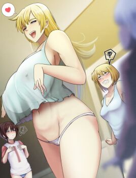 1boy 3girls absurdres alternate_breast_size angry bare_legs blonde_hair blue_eyes blue_panties blue_tank_top blurry blurry_foreground blush breast_envy breasts brother_and_sister brown_hair camisole cleavage clenched_teeth clueless constricted_pupils cowboy_shot embarrassed eyebrows flat_chest from_below from_side green_camisole half-closed_eyes hands_up highres huge_breasts indoors leni_loud lincoln_loud loli long_hair looking_at_another looking_down looking_to_the_side lori_loud lynn_loud medium_breasts medium_hair mikado_ryouma multiple_girls navel open_mouth panties ponytail red_shirt shirt siblings sisters smile standing t-shirt tank_top teeth the_loud_house thighs two-tone_shirt underwear variant_set white_panties white_shirt wide_hips