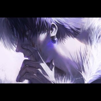 1boy arm_up blood blood_on_face chrollo_lucilfer crying crying_with_eyes_open earrings facial_mark forehead_mark from_side hand_on_own_face highres hunter_x_hunter jewelry letterboxed male_focus on_my_808 parted_lips piercing profile solo sphere_earrings tears twitter_username