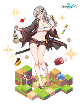 1girl ;d absurdres bandaged_leg bandages bare_shoulders breasts brown_shorts budget_sarashi cleavage collarbone food green_eyes grey_hair hair_between_eyes hair_ornament hairclip highres holding japanese_clothes large_breasts lee_nabi long_hair long_sleeves looking_at_viewer maett midriff navel off_shoulder official_art one_eye_closed open_clothes open_fly open_mouth potion sandals sarashi short_shorts shorts smile solo soulworker stomach takoyaki thighs wide_sleeves zouri