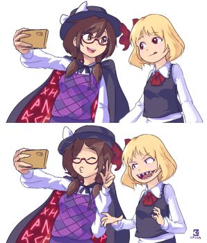2girls blonde_hair blouse bow brown_hair cape cellphone david_hrusa duck_face glasses hair_between_eyes hair_bow hat highres long_sleeves multiple_girls o3o phone rumia runes school_uniform selfie sharp_teeth shirt smartphone teeth touhou usami_sumireko v white_shirt