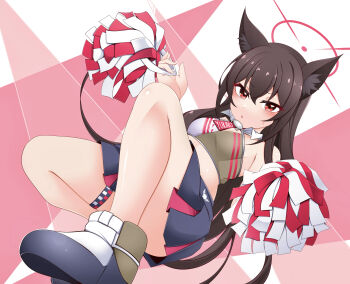 1girl alternate_costume animal_ears bare_shoulders blue_archive breasts brown_hair cheerleader fox_ears fox_girl halo highres kagayai_akira long_hair looking_at_viewer miniskirt pom_pom_(cheerleading) red_eyes red_halo skirt small_breasts solo yukino_(blue_archive)