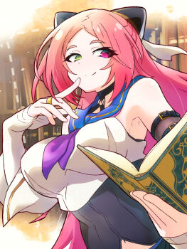 Rule 34 | 1girl, arm belt, assault lily, bare shoulders, belt, belt buckle, black belt, black choker, black shirt, blue sailor collar, book, bookshelf, breasts, buckle, choker, closed mouth, commentary request, crop top, detached sleeves, digamma, finger to mouth, green eyes, hairpods, hands up, heterochromia, highres, holding, holding book, indoors, jewelry, layered sleeves, light particles, looking at object, looking down, looking to the side, medium breasts, midriff peek, navel, neckerchief, o-ring, o-ring choker, odaiba girls high school uniform, open book, parted bangs, pink eyes, purple neckerchief, red hair, ring, sailor collar, school uniform, serafuku, shiba tomoshibi, shirt, sleeveless, sleeveless shirt, sleeves past wrists, smile, solo, undershirt, upper body, white background, white shirt