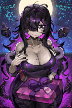 1girl 2020 absurdres ahoge black-framed_eyewear black_hair breasts cleavage colored_inner_hair colored_skin commentary dated dress english_commentary full_moon glasses goddess_of_victory:_nikke grey_skin hair_over_one_eye hand_on_own_chest happy_new_year highres label_(nikke) large_breasts looking_at_viewer mole mole_on_breast moon multicolored_hair new_year purple_dress purple_eyes purple_hair saiykik solo