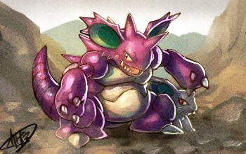 1boy 1girl animal_ears animal_focus black_eyes blue_skin claws colored_skin fangs fangs_out gen_1_pokemon horns kaosu_(kaosu0905) mountain nidoking nidoran nidoran_(female) nintendo no_humans pokemon pokemon_(creature) purple_skin rabbit_ears red_eyes single_horn spikes spines tail very_long_tail