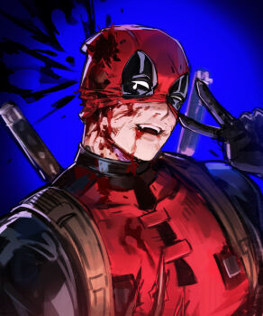 1boy animification black_bodysuit black_gloves blood blood_on_clothes blood_on_face blue_background bodysuit covered_collarbone deadpool deadpool_(series) fang gloves hand_up highres male_focus malin_linnn marvel mask multicolored_bodysuit open_mouth red_bodysuit red_mask simple_background smile solo superhero_costume teeth torn_mask two-tone_bodysuit upper_body v weapon weapon_on_back
