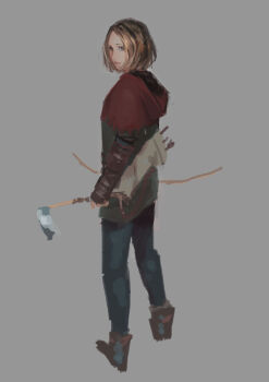 Rule 34 | 1girl, absurdres, arrow (projectile), axe, bad id, bad pixiv id, blonde hair, bob cut, boots, bow (weapon), denim, female focus, green eyes, grey background, hatchet, hatchet (axe), highres, hood, ishidah, jeans, lips, looking back, original, pants, quiver, simple background, sketch, solo, unfinished, weapon