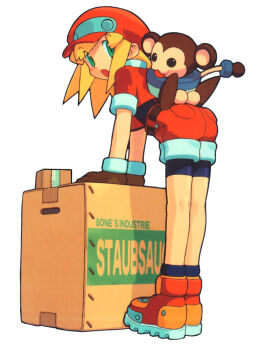 1girl :o arm_support ass box newsboy_cap capcom cardboard_box full_body gloves green_eyes hat ishikawa_hideki looking_at_viewer mega_man_(series) mega_man_legends_(series) monkey official_art open_mouth roll_caskett_(mega_man) short_sleeves shorts simple_background white_background