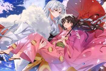 1boy 1girl blush brown_hair carrying cherry_blossoms closed_mouth commentary couple crescent crescent_facial_mark english_commentary facial_hair facial_mark falling_petals flower forehead_mark grey_hair hair_ribbon haori hetero highres holding holding_umbrella inuyasha japanese_clothes kimono looking_at_another oil-paper_umbrella open_mouth parted_bangs petals pink_flower pink_haori pink_kimono pink_petals pointy_ears princess_carry print_kimono red_ribbon ribbon rin_(inuyasha) sandals sesshoumaru shiruuzu side_ponytail smile twitter_username umbrella wide_sleeves yellow_eyes