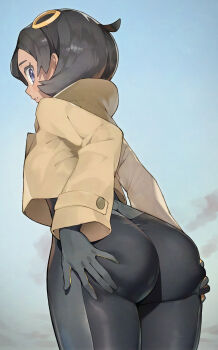 1girl ass black_bodysuit black_gloves black_hair blue_eyes bodysuit bodysuit_under_clothes breasts brown_jacket curvy dark-skinned_female dark_skin emma_(pokemon) gloves hair_ornament highres huge_ass jacket latex latex_bodysuit long_sleeves looking_back nintendo parted_lips pokemon pokemon_legends:_z-a purple_eyes rindoriko short_hair solo wide_hips