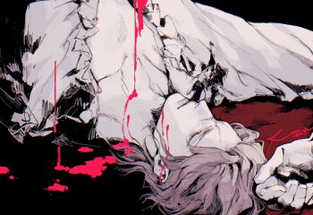 Rule 34 | 1boy, ace attorney, ambiguous red liquid, bare pectorals, barok van zieks, black background, closed eyes, closed mouth, commentary request, dadadadadaist, frilled shirt, frilled sleeves, frills, highres, long sleeves, lying, male focus, on back, pectorals, shirt, simple background, solo, the great ace attorney, upside-down, wavy hair