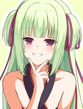 1230_mochi 1girl :d bare_shoulders blunt_bangs blunt_ends blush collarbone commentary criss-cross_halter green_background green_hair grin hair_ribbon halterneck hand_up happy highres hime_cut long_hair long_ribbon looking_at_viewer murasame_(senren) open_mouth outline purple_ribbon red_eyes ribbon senren_banka sidelocks simple_background smile solo straight_hair two_side_up upper_body v v_over_mouth white_outline