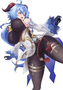 1girl absurdres ahoge bell black_bodysuit black_gloves black_panties blue_hair bodysuit bouncing_breasts breasts closed_eyes cowboy_shot detached_sleeves ganyu_(genshin_impact) genshin_impact gloves highres horns impossible_bodysuit impossible_clothes legs_apart long_hair open_mouth panties raised_eyebrows simple_background solo task_baron tassel thighs underwear white_background white_sleeves