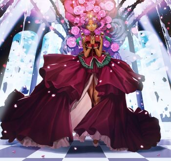 1girl absurdres aiguillette bare_shoulders bindi checkered_floor commentary crown dark-skinned_female dark_skin dress earrings epaulettes eyelashes female_focus flower full_body glasses green_eyes highres himemiya_anthy jewelry looking_at_viewer nshi own_hands_clasped own_hands_together petals plant purple_hair red_dress rose shoujo_kakumei_utena solo symbol-only_commentary thorns tiara vines white_footwear