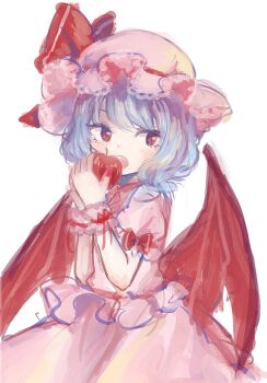 Rule 34 | 1girl, apple, blue hair, blush, commentary request, cowboy shot, dress, eating, food, frilled dress, frills, fruit, hat, hat ribbon, holding, holding food, holding fruit, looking to the side, mob cap, mozukuzu (manukedori), open mouth, pink dress, puffy short sleeves, puffy sleeves, red ribbon, red wings, remilia scarlet, ribbon, short hair, short sleeves, sleeve ribbon, solo, standing, touhou, white background, wings, wrist cuffs