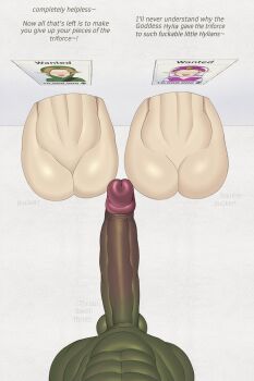 1girl 2boys bisexual_male colored_skin completely_nude english_text erection ganondorf green_skin huge_penis huge_testicles imminent_penetration imminent_rape jaydennsfw link multiple_boys muscular muscular_male nintendo nude penis princess_zelda simple_background stuck testicles the_legend_of_zelda through_wall white_background yaoi