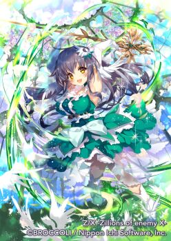 1girl ahoge armpits arms_up black_hair breasts copyright_notice copyright_request dress elbow_gloves feathers gloves green_dress hair_ornament highres holding holding_staff large_breasts long_hair magical_girl matoki_misa official_art open_mouth pecteilis shoes solo sparkle staff white_feathers white_gloves white_shoes yellow_eyes z/x
