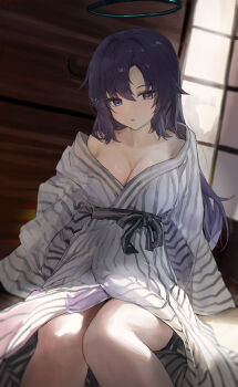 1girl :o absurdres alternate_costume bare_legs bare_shoulders bath_yukata blue_archive blue_eyes blush breasts cleavage commentary_request feet_out_of_frame halo highres indoors japanese_clothes jianjia kimono long_hair looking_at_viewer medium_breasts partial_commentary purple_hair red_pupils sitting solo straight_hair striped_clothes striped_kimono vertical-striped_clothes vertical-striped_kimono very_long_hair yukata yuuka_(blue_archive)