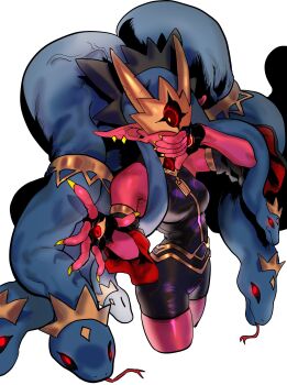 1girl bare_shoulders black_sclera blue_hair bodysuit colored_sclera colored_skin commentary_request crown digimon digimon_(creature) earrings hair_ornament hand_eye hand_to_own_mouth highres horns jewelry korean_commentary medusamon monster_girl one-eyed pointy_ears red_eyes red_skin rode3434 sleeveless sleeveless_bodysuit snake_hair