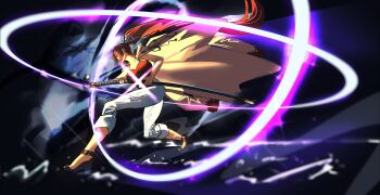 1girl absurdres afterimage breasts camisole cape crop_top from_below from_side hair_intakes high_heels highres holding holding_sword holding_weapon katana large_breasts long_hair midriff pants ponytail red_hair sheath sheathed solo spindrift sword under_night_in-birth very_long_hair weapon yuzuriha_(under_night_in-birth)