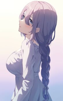 Rule 34 | 1girl, aoto neko, blue eyes, blush, bow, braid, breasts, commentary request, gradient background, hair bow, hair ribbon, highres, light smile, long hair, long sleeves, looking at viewer, looking to the side, low-tied long hair, original, parted lips, profile, purple hair, ribbon, single braid, solo, very long hair