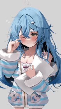 Rule 34 | 1girl, absurdres, ahoge, blue eyes, blue jacket, blue streaks, blush, breasts, camisole, cleavage, closed mouth, commentary request, hair ornament, hairpin, heart, heart ahoge, highres, holding, holding pillow, hololive, jacket, large breasts, long hair, nekoshima kaede, official alternate costume, one eye closed, pillow, pointy ears, rubbing eyes, solo, virtual youtuber, white camisole, yellow eyes, yukihana lamy, yukihana lamy (roomwear)