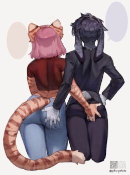 2girls animal_ears ass black_hair black_pants black_sweater commentary crop_top cropped_legs denim english_commentary from_behind furry furry_female grabbing_another&#039;s_ass groping highres jeans medium_hair multiple_girls original pants pink_hair pita-potato rabbit_ears rabbit_girl rabbit_tail red_shirt shirt short_hair short_sleeves snow_(pita_potato) sweater tail tiger_girl tiger_tail white_background yuri