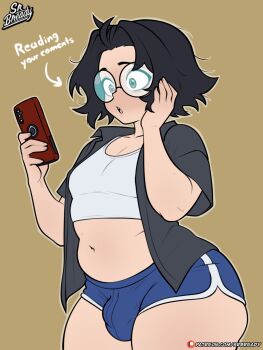 1boy arrow_(symbol) belly black_hair black_shirt blue_shorts bready_(srbready) brown_background brown_eyes bulge cellphone commentary cowboy_shot crop_top dolphin_shorts english_commentary glasses hand_on_own_cheek hand_on_own_face highres holding holding_phone looking_at_phone male_focus mole mole_above_mouth mole_on_stomach mole_under_mouth multiple_moles navel open_clothes open_mouth open_shirt original phone plump round_eyewear shirt short_hair short_shorts shorts simple_background smartphone solo srbready stomach trap