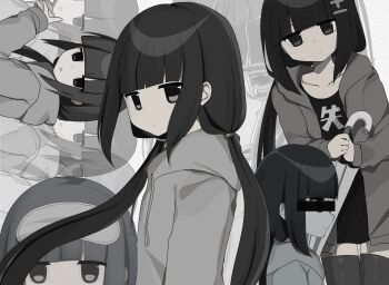 1girl black_hair blunt_bangs closed_mouth expressionless grey_hoodie greyscale highres holding holding_umbrella hood hood_down hoodie inabakumori jitome long_hair monochrome multiple_views open_mouth osage_(nukunuku_nigirimeshi) sidelocks solo twintails umbrella uuuuua07