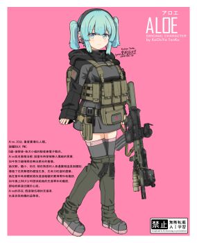 1girl absurdres ammunition_pouch ar-15 artist_name assault_rifle backpack bag black_jacket blue_eyes blue_hair blush border breasts brown_leg_warmers buckle character_age character_name character_profile chest_rig chinese_text closed_mouth cyborg dated ear_protection english_text flashlight full_body glock grey_jacket gun gun_sling handgun headset highres holding holding_gun holding_weapon holster hood hooded_jacket jacket kochiya_tenko laser_sight leg_warmers load_bearing_vest magazine_(weapon) mechanical_collar mechanical_legs medium_breasts medium_hair multicolored_jacket muzzle_device optical_sight original oversized_jacket pink_background pouch rifle science_fiction signature skindentation sleeves_past_wrists smile snap-fit_buckle solo standing tactical_clothes thighhighs trigger_discipline twintails two-tone_jacket unit_patch vertical_foregrip walkie-talkie weapon white_border zettai_ryouiki