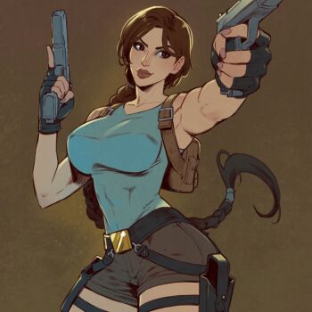 1girl armpits artist_request backpack bag belt braid breasts brown_background brown_eyes brown_hair fingerless_gloves gloves gun highres holding holding_weapon lara_croft large_breasts lips long_hair shorts smile suspenders tomb_raider weapon
