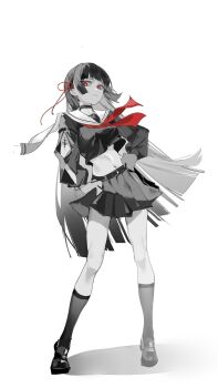 1girl absurdres arm_cutout breasts chinese_commentary chisa_(wuthering_waves) choker closed_mouth clothing_cutout commentary_request dududadududaqwq full_body greyscale hair_ribbon hand_on_own_hip highres loafers long_hair long_sleeves looking_at_viewer medium_breasts midriff monochrome navel neckerchief partial_commentary red_eyes red_neckerchief red_ribbon ribbon sailor_collar school_uniform serafuku shirt shoes simple_background skirt solo spot_color standing tacet_mark_(wuthering_waves) unfinished very_long_hair white_background wuthering_waves