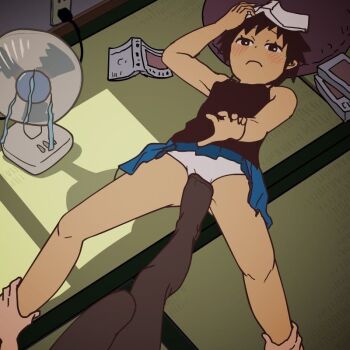 2girls age_difference black_pantyhose blue_skirt cameltoe character_request copyright_request denki_anma electric_fan female_footjob footjob homura_hinase loli lying multiple_girls panties pantyhose short_hair skirt source_request spread_legs tagme tomboy underwear white_panties yuri