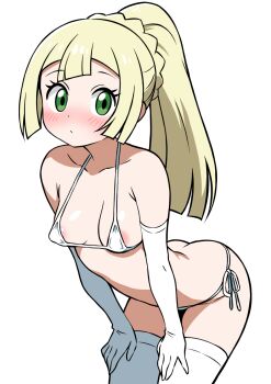 1girl areola_slip bare_shoulders bikini blonde_hair blush breasts ecgg_(tsuji418477) elbow_gloves gloves green_eyes hand_on_own_knee highres lillie_(pokemon) loli long_hair looking_at_viewer micro_bikini nintendo nipple_slip nipples pokemon pokemon_sm ponytail side-tie_bikini_bottom simple_background small_breasts solo stomach swimsuit thighhighs white_background